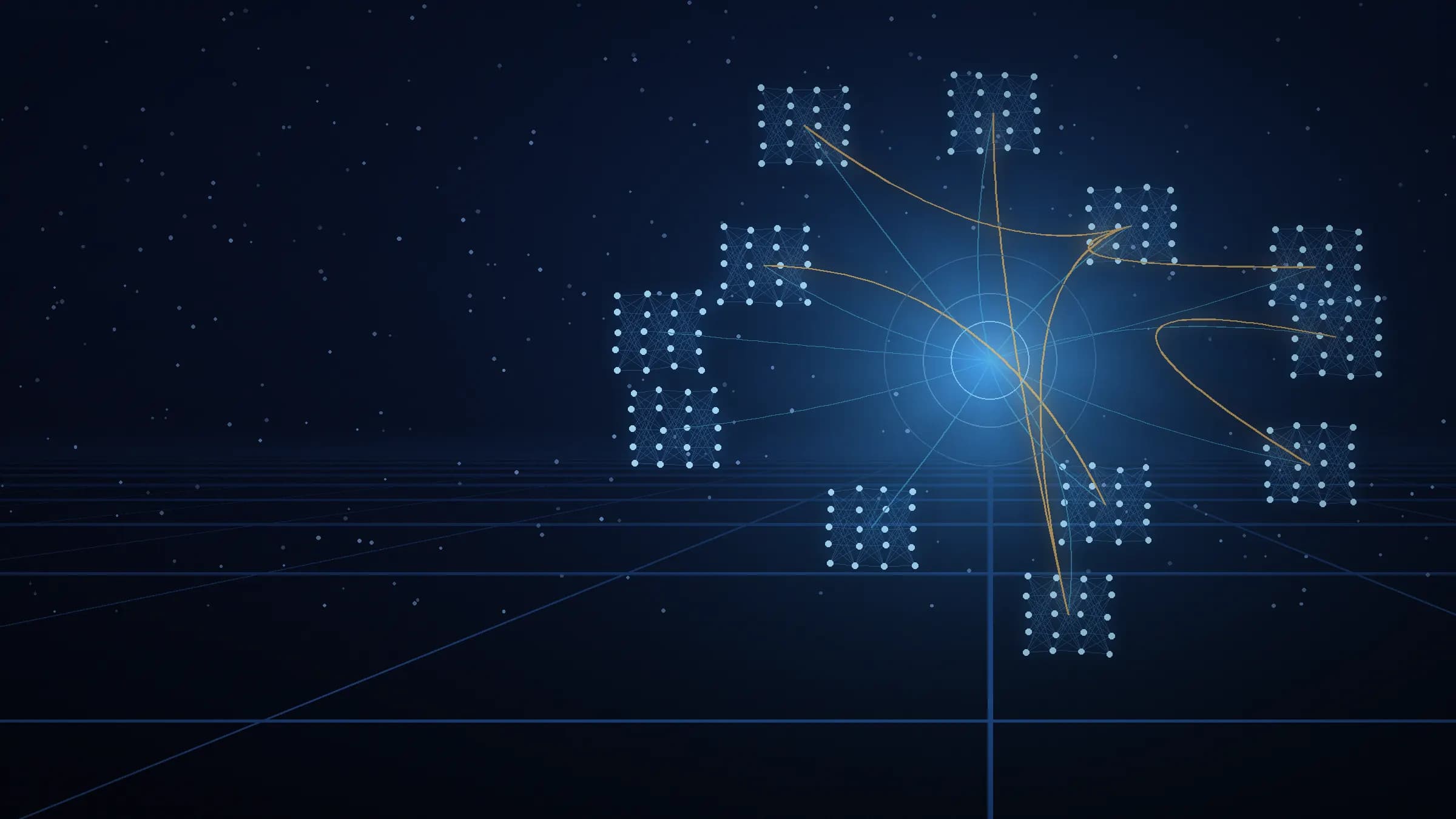 A global AI compute fabric: clusters of model nodes routed through a glowing orchestration hub, with cyan signal paths and gold settlement paths over a data-center grid