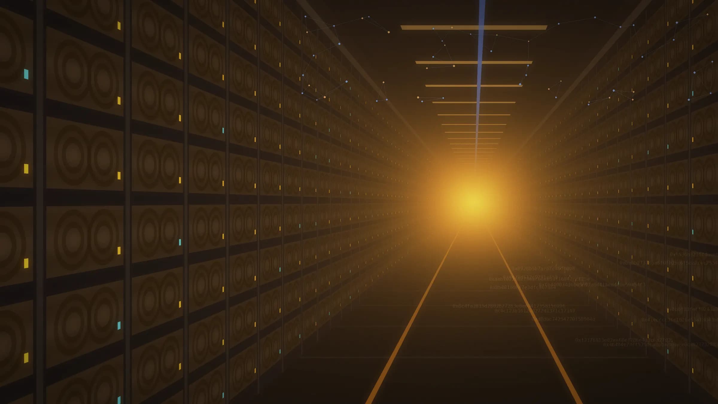 An industrial Bitcoin mining hall: long rows of SHA-256 ASIC units with orange status lights, converging on a glowing hash-energy core beneath a blue network layer