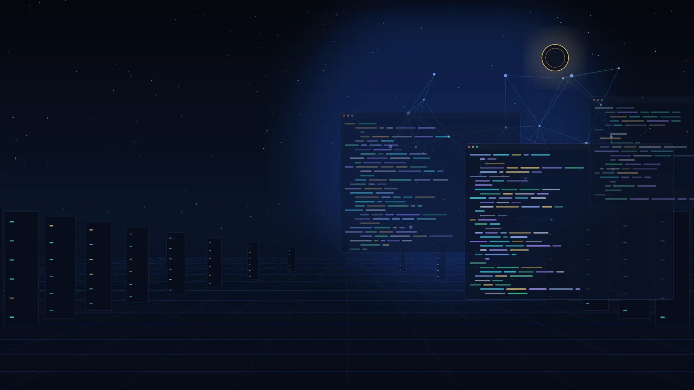 A developer infrastructure scene: abstract code panels and a node topology glowing in blue and cyan over rows of data-center racks, with a subtle gold coin