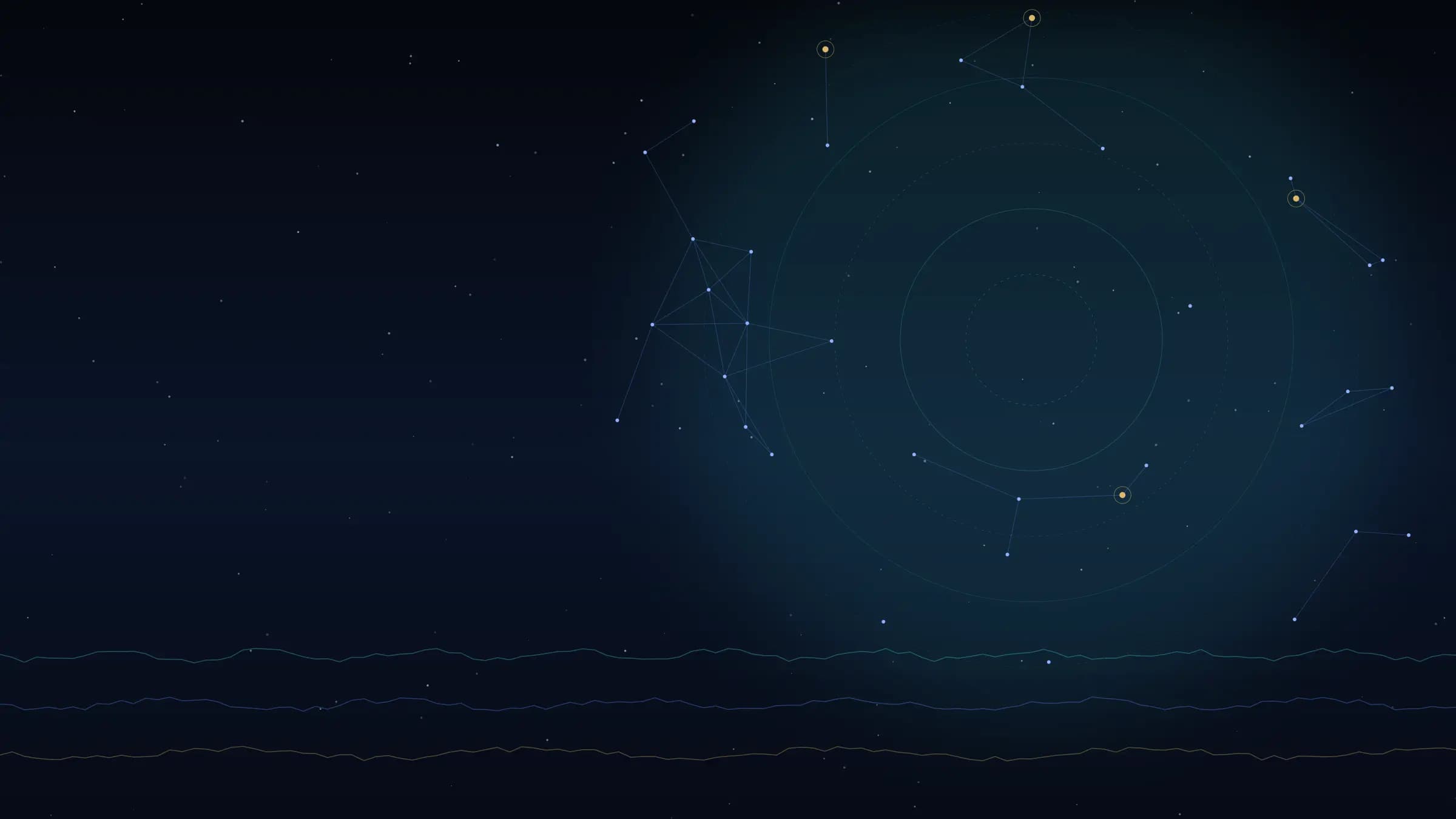 A telemetry view of network nodes and links around concentric scan rings, with signal traces along the horizon