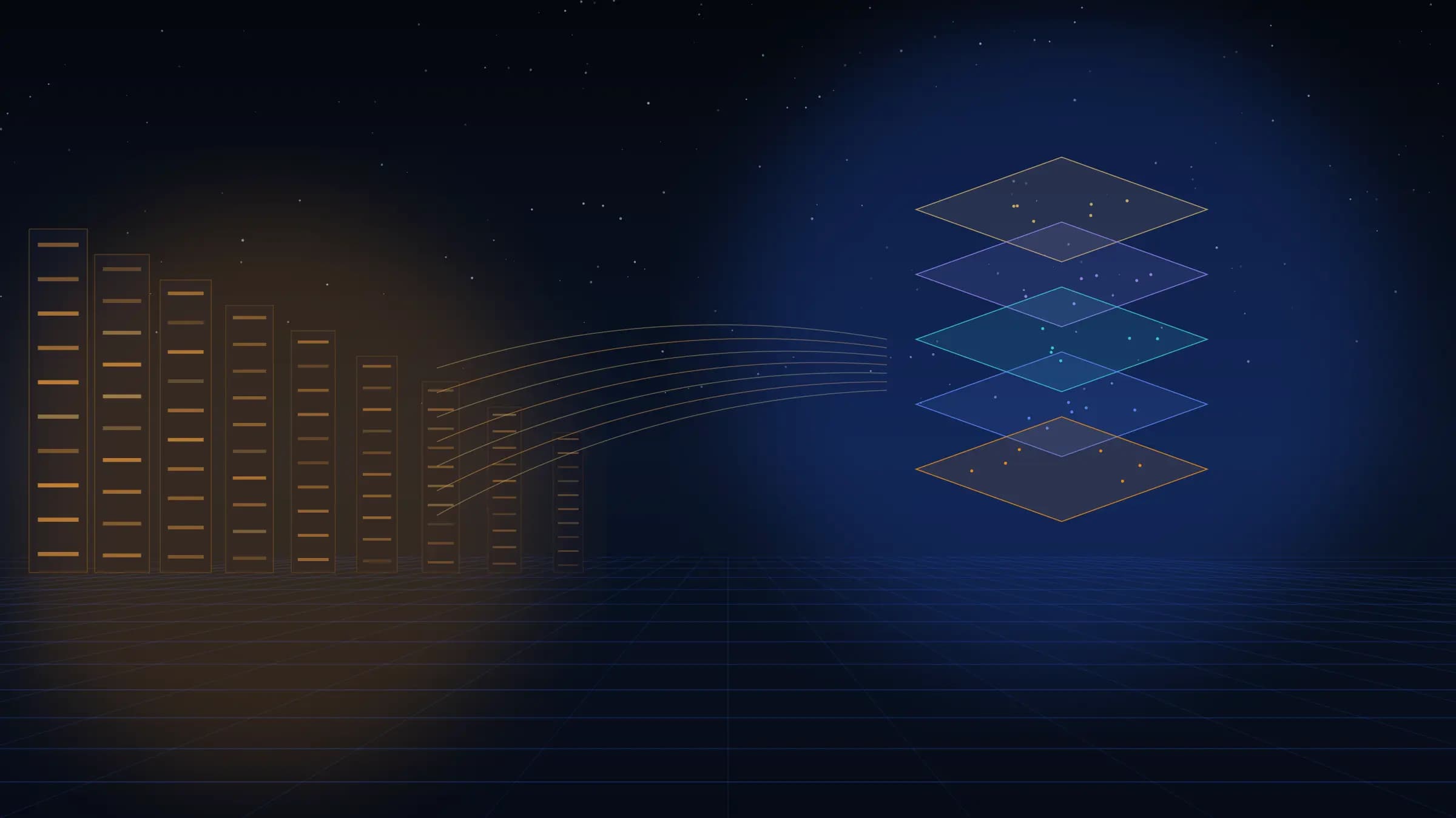 Rows of Bitcoin mining racks glowing orange, with streams of energy flowing into a stack of layered blue protocol planes