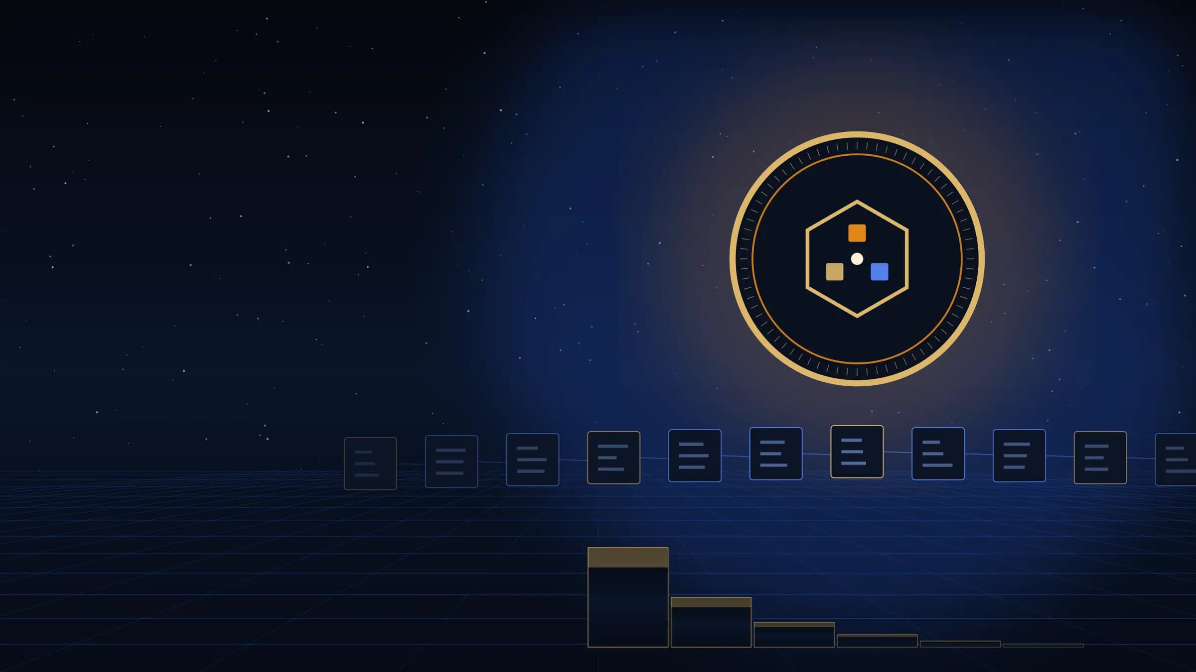 A monetary-system scene: a gold-rimmed coin with an abstract ledger mark above a chain of ledger blocks and a descending staircase of halving bars, over a blue network grid