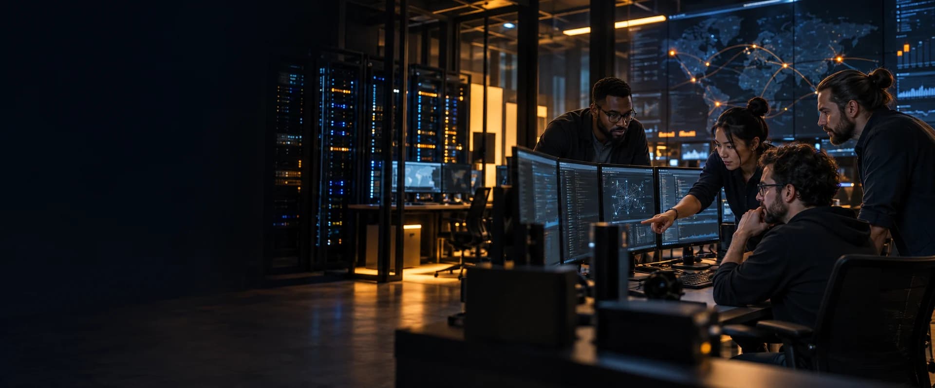 A diverse team of blockchain and AI infrastructure engineers coordinating a distributed network in a server operations room