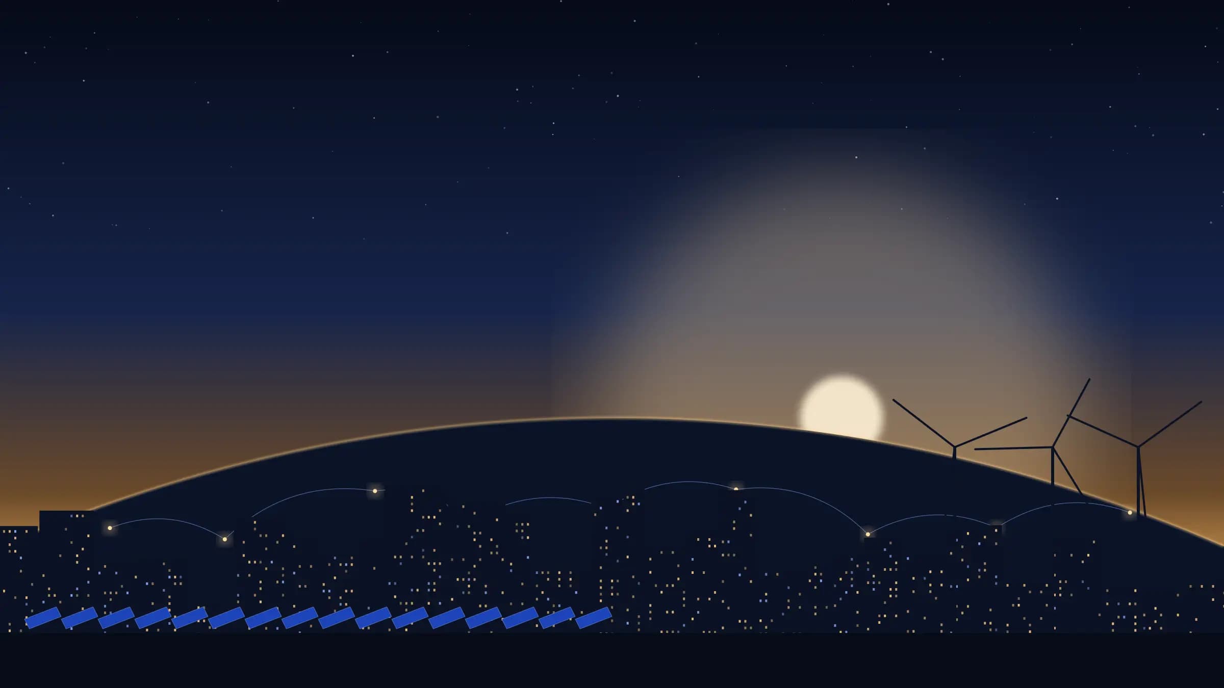 Golden dawn rising over the curve of the Earth, a lit city skyline, solar panels and wind turbines, linked by a faint network of light