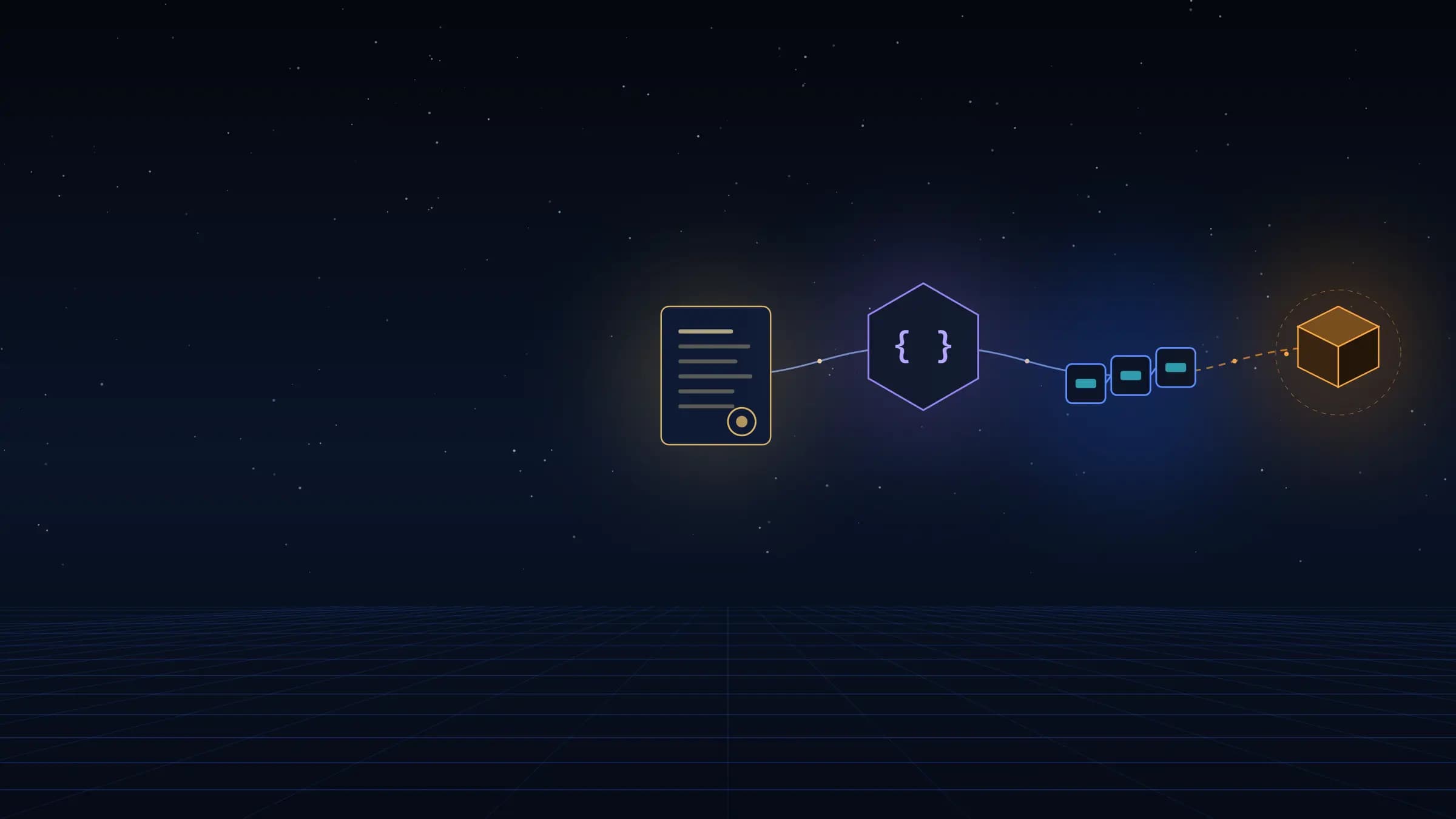 An asset certificate flows into a smart-contract hexagon, then into a chain of BitcoinAI blocks, with a dashed optional link to an orange Bitcoin block