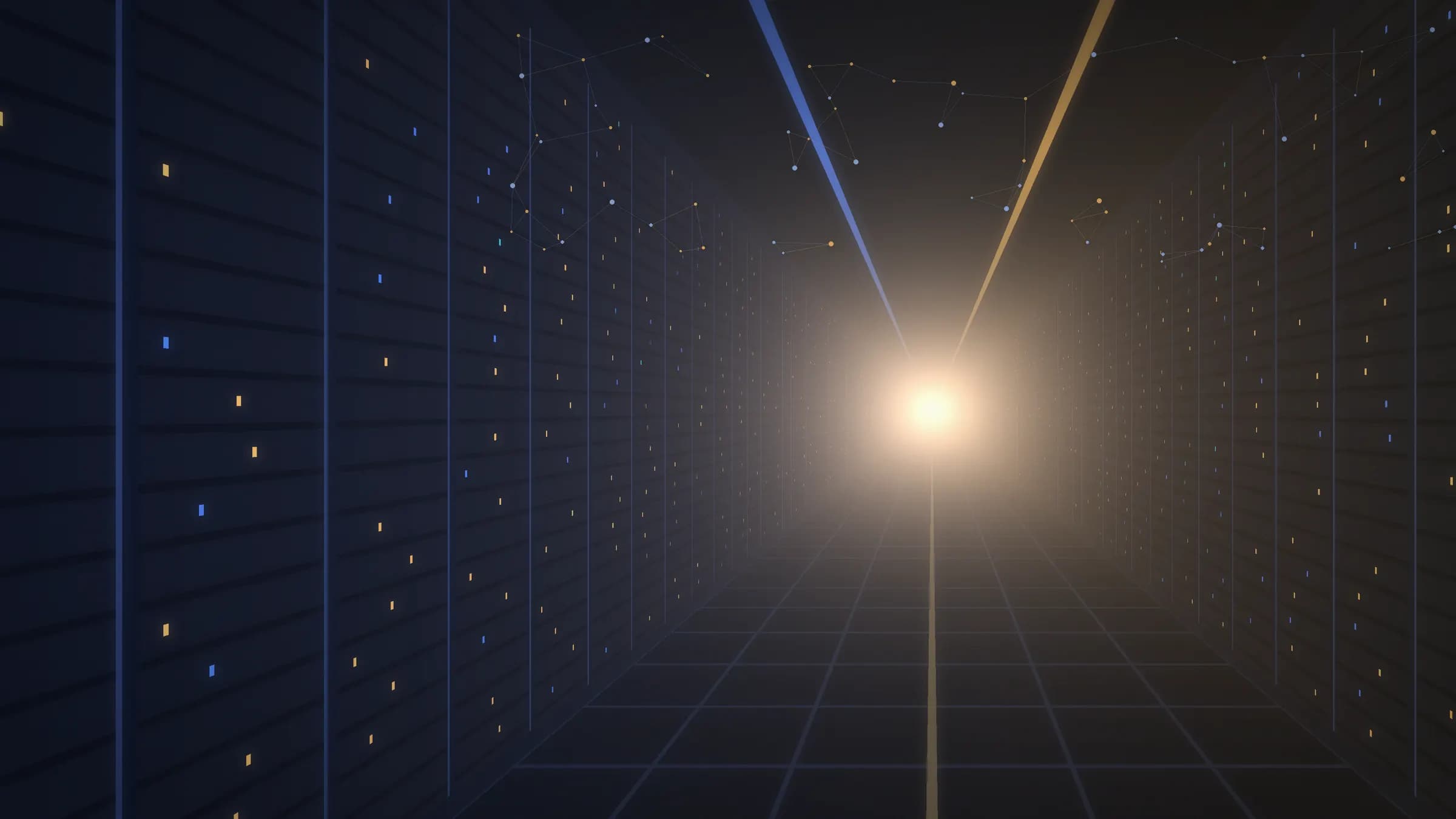 A data-center corridor of validator server racks with blue and gold status lights, receding toward a gold network glow